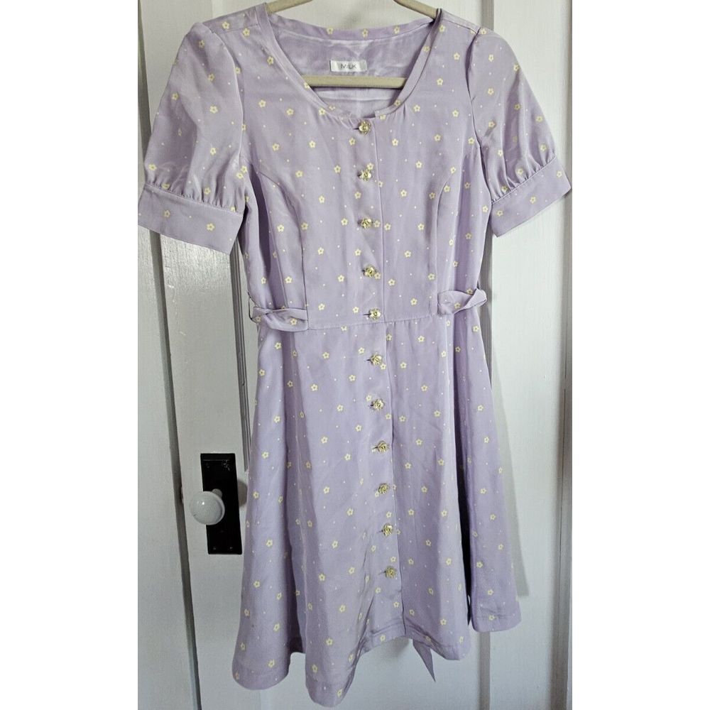 MILK Japan Harajuku fashion FLORAL Purple dress button down with TIE XS/00-02